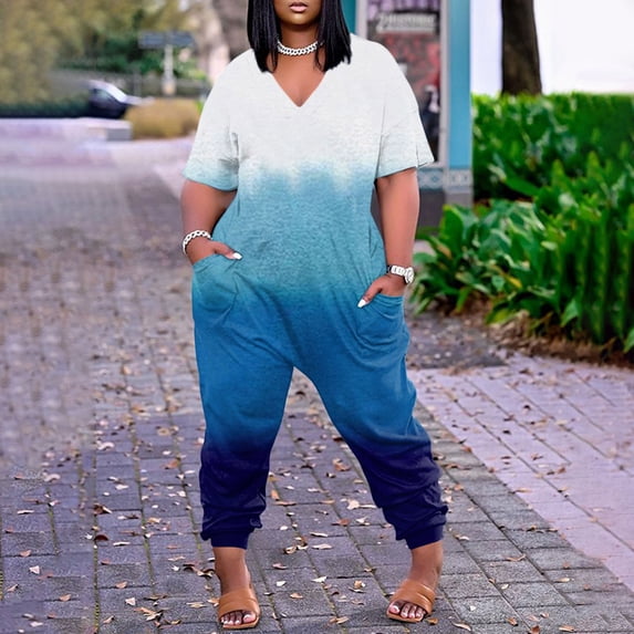 Kagetolytai Jumpsuits for Women Plus Size Womens Casual V Neck Short Sleeve Zipper Overalls with Pockets Wide Long Jumpsuits (S-5XL) Lounge Sets for Women Blue 3X