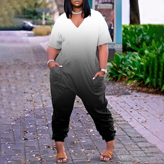 Kagetolytai Jumpsuit for Women Plus Size Plus Size Womens Casual V Neck Short Sleeve Zipper Overalls with Pockets Wide Long Jumpsuits (S-5XL) Lounge Sets for Women Gray 2XL