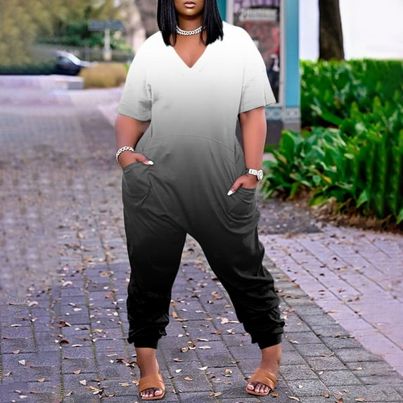 Kagetolytai Jumpsuits for Women Plus Size Womens Casual V Neck Short Sleeve Zipper Overalls with Pockets Wide Long Jumpsuits (S-5XL) Lounge Sets for Women Gray 4XL