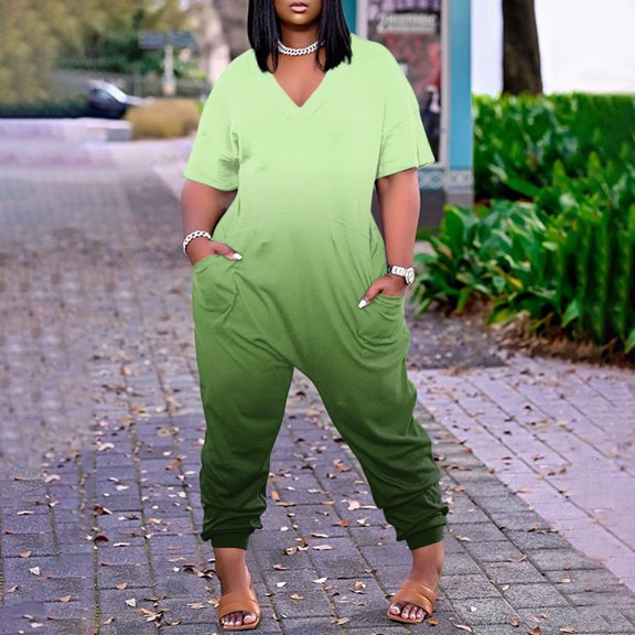 Kagetolytai Jumpsuit for Women Plus Size Plus Size Womens Casual V Neck Short Sleeve Zipper Overalls with Pockets Wide Long Jumpsuits (S-5XL) Lounge Sets for Women Green XL