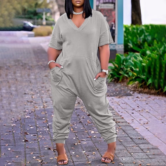 Kagetolytai Jumpsuit for Women Plus Size Plus Size Womens Casual V Neck Short Sleeve Zipper Overalls with Pockets Wide Long Jumpsuits (S-5XL) Lounge Sets for Women Light Gray 2XL