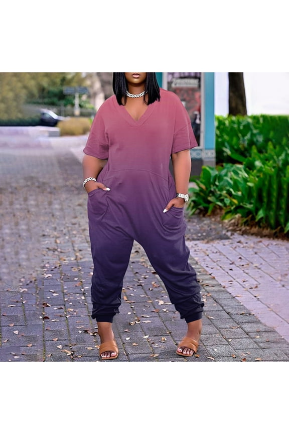 Jumpsuit for Women Plus Size Plus Size Womens Casual V Neck Short Sleeve Zipper Overalls with Pockets Wide Long Jumpsuits (S-5XL) Lounge Sets for Women Purple 3X