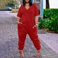 thumbnail image 1 of Kagetolytai Jumpsuits for Women Plus Size Womens Casual V Neck Short Sleeve Zipper Overalls with Pockets Wide Long Jumpsuits (S-5XL) Lounge Sets for Women Red 5XL, 1 of 6