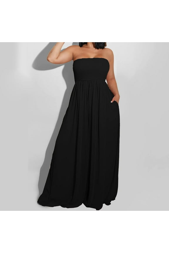 Jumpsuit for Women Plus Size Women's Plus Size Strapless Tube Top Wide Leg Pants Jumpsuit Baggy Off Shoulder Overalls Smocked Romper with Pockets Lounge Sets for Women Black 2XL