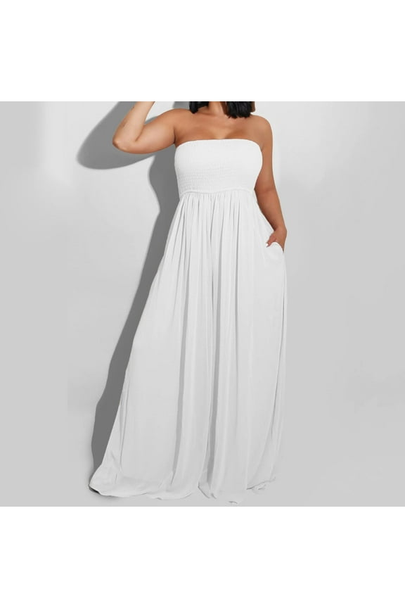 Jumpsuit for Women Plus Size Women's Plus Size Strapless Tube Top Wide Leg Pants Jumpsuit Baggy Off Shoulder Overalls Smocked Romper with Pockets Lounge Sets for Women White 2XL