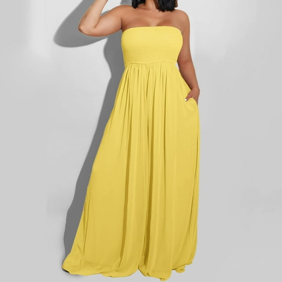 Kagetolytai Jumpsuits for Women Women's Plus Size Strapless Tube Top Wide Leg Pants Jumpsuit Baggy Off Shoulder Overalls Smocked Romper with Pockets Wide Leg Pants Woman Yellow M
