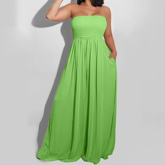 Kagetolytai Jumpsuit for Women Plus Size Women's Plus Size Strapless Tube Top Wide Leg Pants Jumpsuit Baggy Off Shoulder Overalls Smocked Romper with Pockets Lounge Sets for Women Green L