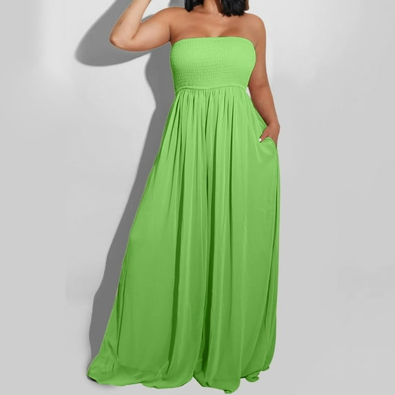 Kagetolytai Jumpsuits for Women Women's Plus Size Strapless Tube Top Wide Leg Pants Jumpsuit Baggy Off Shoulder Overalls Smocked Romper with Pockets Wide Leg Pants Woman Green M