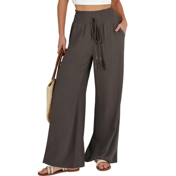 Pants for Women Women's Casual Fashion Solid Colour Cotton Linen Casual Pants Wide Leg Trousers Sweatpants with Pockets Womens Pants Kagetolytai Brown 2XL