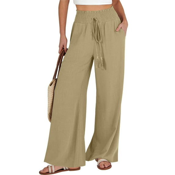 Pants for Women Women's Casual Fashion Solid Colour Cotton Linen Casual Pants Wide Leg Trousers Sweatpants with Pockets Womens Pants Kagetolytai Khaki One size