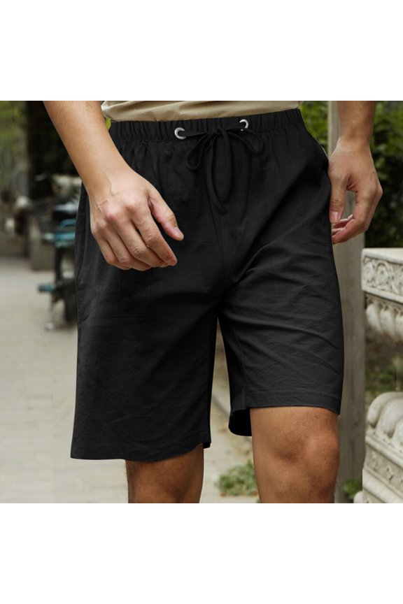 Pants for Men Men's Fashion Casual Cotton Hemp Drawstring Solid Color Beach Shorts Pants Cargo Pants for Men Black 5XL