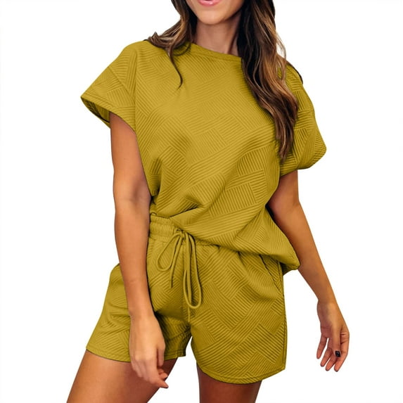 Kagetolytai Suits Ladies Casual Fashion Sexy Round Neck Short Sleeve Textured Fabric Shorts Set 2 Piece Sets for Women Yellow L