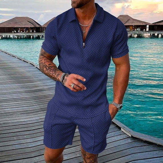 Kagetolytai Suits Men's Short Sets Outfits 2 Piece Summer Tracksuit Short Sleeve Shirt and Shorts Set Casual Sport Suit Suits For Men Blue S