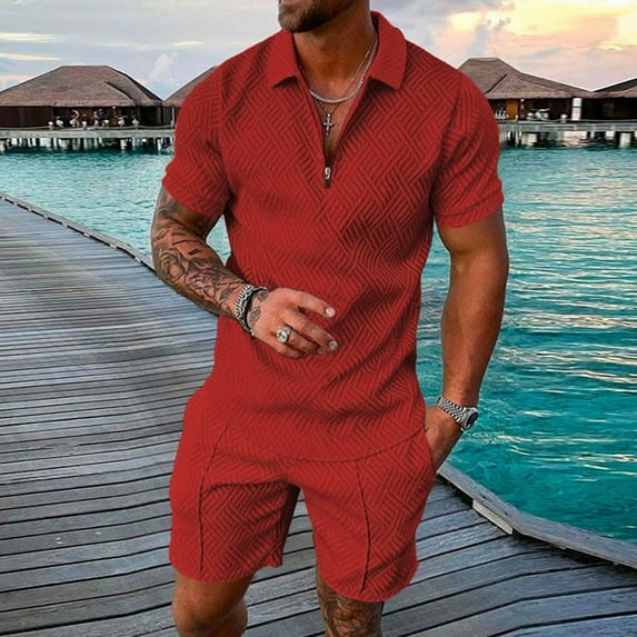 Kagetolytai Suits Men's Short Sets Outfits 2 Piece Summer Tracksuit Short Sleeve Shirt and Shorts Set Casual Sport Suit Suits For Men Red 2XL