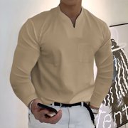 Kagetolytai Top Men's Casual Solid Color V-Neck Gentleman's Business Long Sleeve T-Shirt with Pockets Shirts for Men Beige 3X