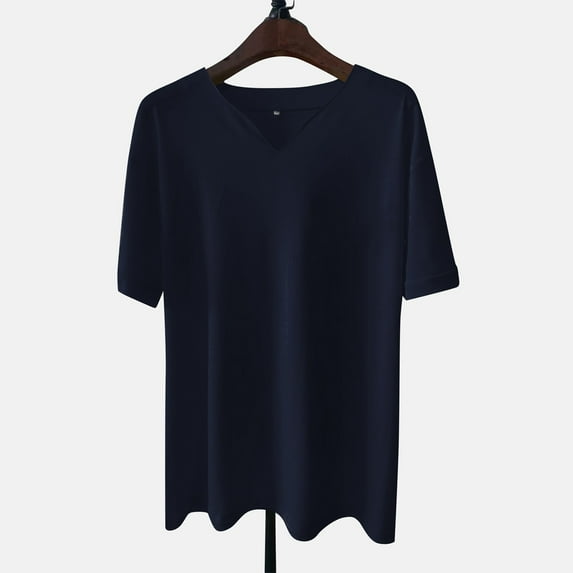 Kagetolytai Top Men's Casual Solid Color V-Neck Gentleman's Business Short Sleeve Fitness T-Shirt Mens Shirts Polo Shirts for Men Navy M