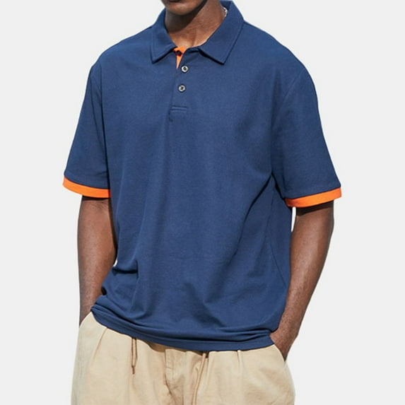 Kagetolytai Top Men's Summer Solid Color T-shirt With A 3 Button Open Collar And Button Up Short Sleeved Top Shirts for Men Dark Blue 3X