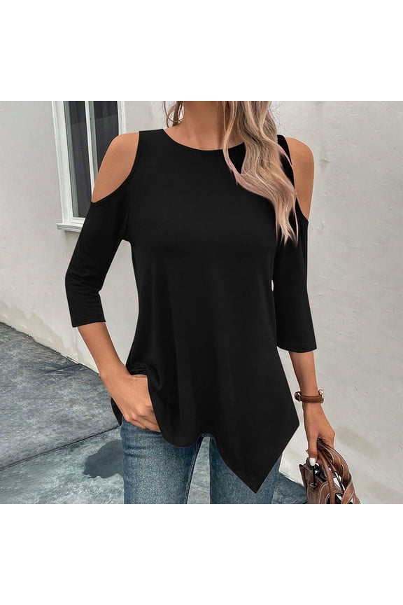 Womens Tops 3/4 Sleeve Shirts for Women Solid Color Irregular Hem Open Shoulder T-Shirt for Spring/Summer Casual Basic Tops Pullover Blouse Top Womens Summer Tops