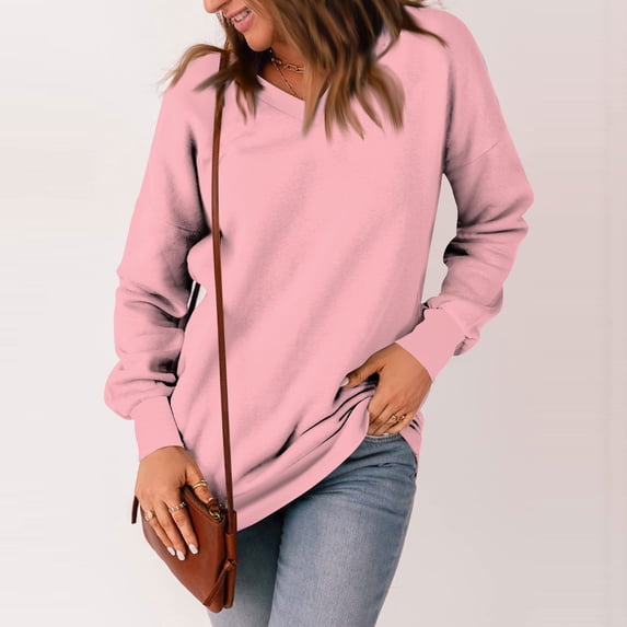 Kagetolytai Womens Tops Womens Casual V Neck Sweatshirt Loose Soft Long Sleeve Pullover Tops Solid Shirts With Side Pockets Plus Size Tops for Women Pink S