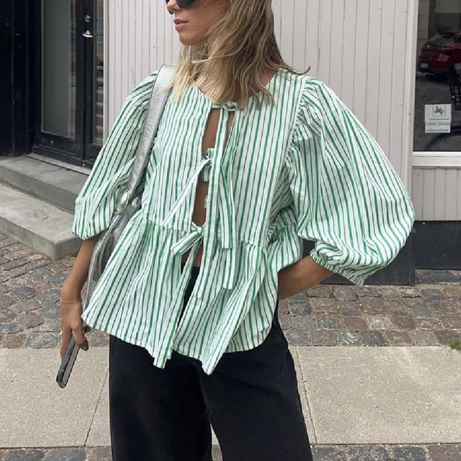 Tankaneo Women's Tie Front Peplum Blouse - Puff Short Sleeve, 100% Cotton, Cute Summer Tops