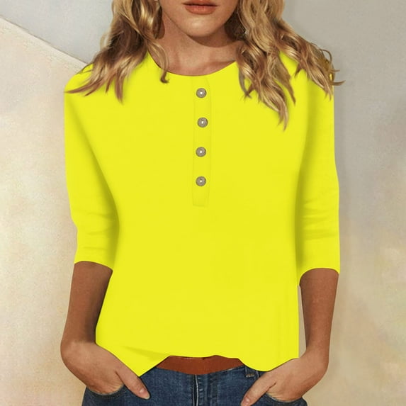 Kagetolytai Womens Tops Women Cute Print Tees Blouses Casual Plus Size Basic Tops Pullover For 3/4 Sleeve Shirts Summer Tops for Women 2024 Yellow 3X