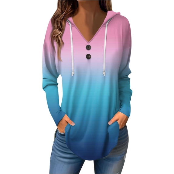 Kagetolytai Womens Tops Women's Casual Fashion Solid Color V Neck Long Sleeve Button Hoodie Tops Plus Size Tops for Women Pink XL