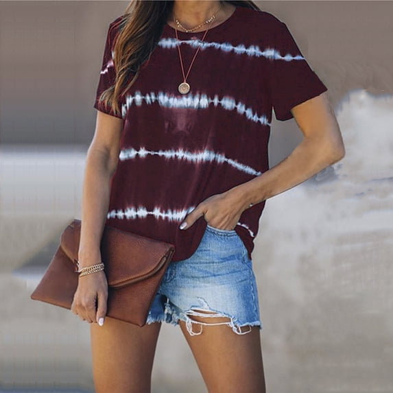 Kagetolytai Womens Tops Women's Fashion Tie-dye Design Casual Round Neck Short-sleeved Large Size T-shirt Plus Size Tops for Women Wine XL