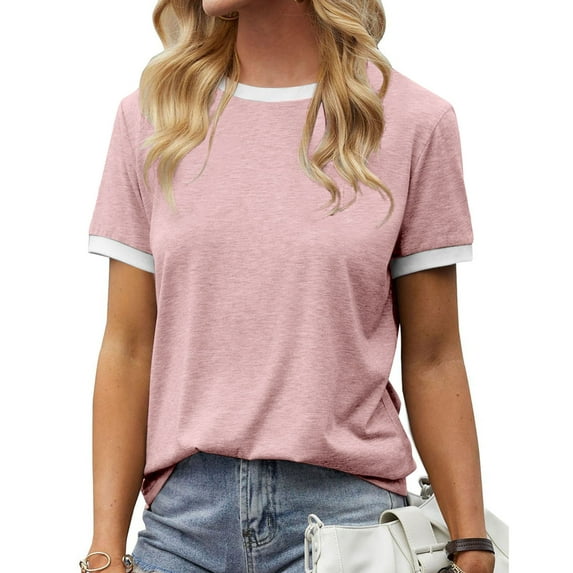 Kagetolytai Womens Tops Women's Summer Casual Round Neck White Contrast Short Sleeve Summer Tops for Women 2024 Pink L