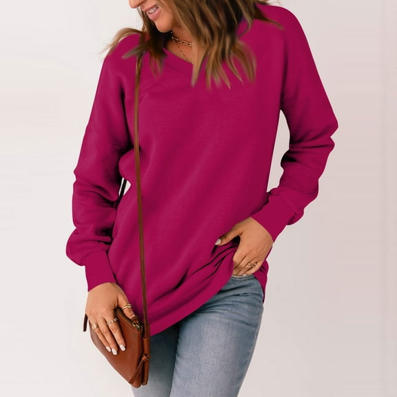 Kagetolytai Womens Tops Womens Casual V Neck Sweatshirt Loose Soft Long Sleeve Pullover Tops Solid Shirts With Side Pockets Plus Size Tops for Women Hot Pink 3X
