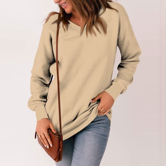Kagetolytai Womens Tops Womens Casual V Neck Sweatshirt Loose Soft Long Sleeve Pullover Tops Solid Shirts With Side Pockets Plus Size Tops for Women Light Brown 2XL