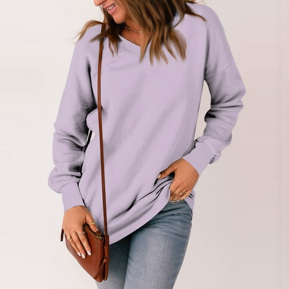 Kagetolytai Womens Tops Womens Casual V Neck Sweatshirt Loose Soft Long Sleeve Pullover Tops Solid Shirts With Side Pockets Plus Size Tops for Women Light Purple 2XL