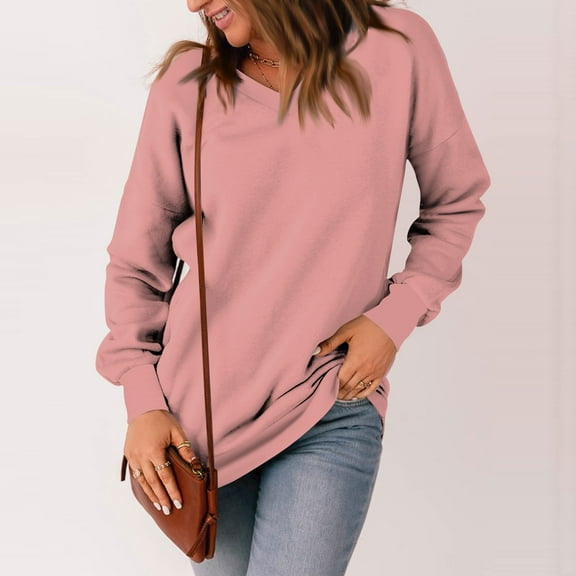 Kagetolytai Womens Tops Womens Casual V Neck Sweatshirt Loose Soft Long Sleeve Pullover Tops Solid Shirts With Side Pockets Plus Size Tops for Women Pink 3X