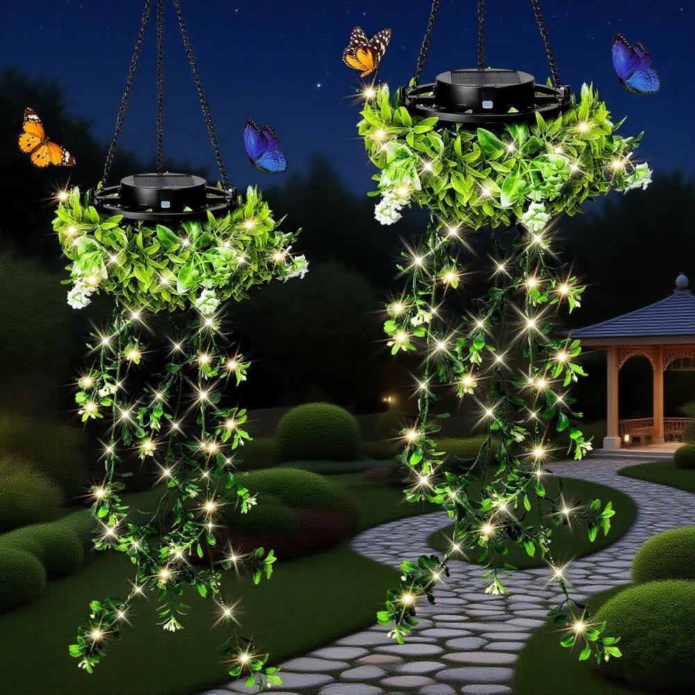 KagoLing Solar Lights Outdoor Garden, 2 Pack Hanging Artificial Plants 66 LED Fairy Lights, IP65 Solar Powered Waterproof Ornaments Outdoor, Gifts Birthday for Women Mum Grandma