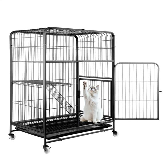 Kagrote 2-Tier Iron Cat Cage with 4 Wheels, Thickend Galvanized Frame Foldable Pet Crate for Kittens, Rabbits & Small Dogs, Removable Tray, Stairs & Interactive Skylight Design