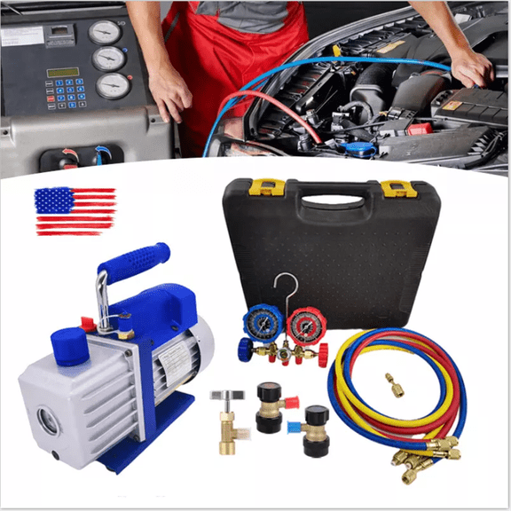 Kagrote 4CFM 110V Auto Air Conditioner Vacuum PumpCar Refrigerant Gauge Set with Storage Box , 3-Way Manifold Gauge for R134A, R22, R12, and R502 refrigerants