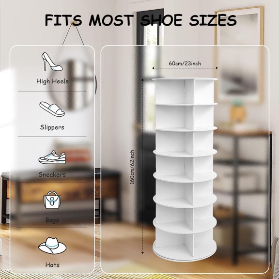 Kagrote Compact 7-Layer Corner Shoe Rack, Revolving 62.8in Height Adjustable Shoe Organizer Tower