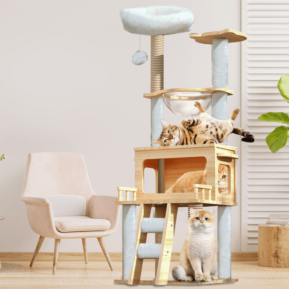 Kagrote Easy Assembly Wooden Cat Scratching Post Tower with Natural Sisal Rope for Apartment Garden