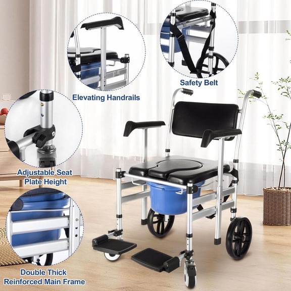 Kagrote Portable Multifunctional Bedside Commode with Wheels, Aluminum Alloy Frame, for Elderly and Adults in Need-Armrest Lifting Soft U-plate Design