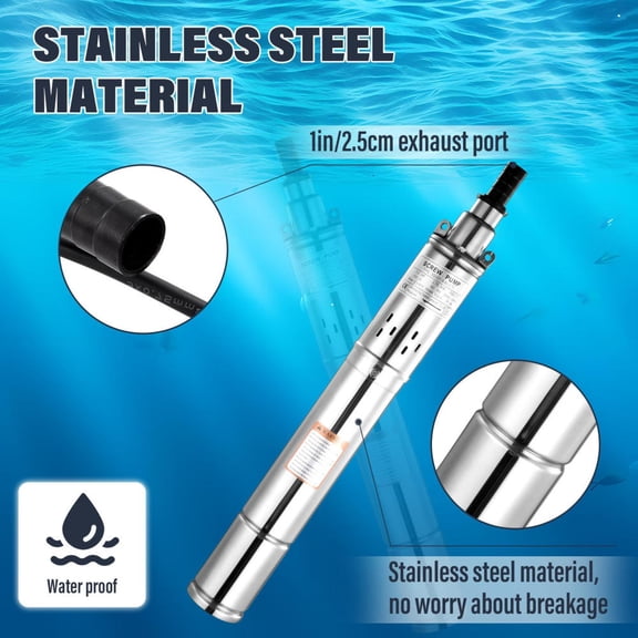 Kagrote Submersible Well Pump with Checkvalve, 3.5in Diameter Max 164ft Lift, 1hp 16GPM Stainless Steel Water Pump