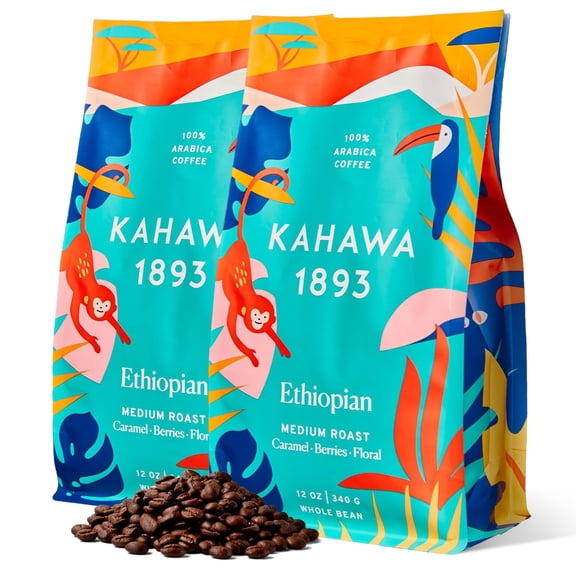 Kahawa 1893 Whole Bean Coffee Medium Roast Ethiopian Blend 24 Oz - As Seen on Shark Tank, High Antioxidants, Naturally Sweet, Organically Grown, Ethically & Sustainably Sourced