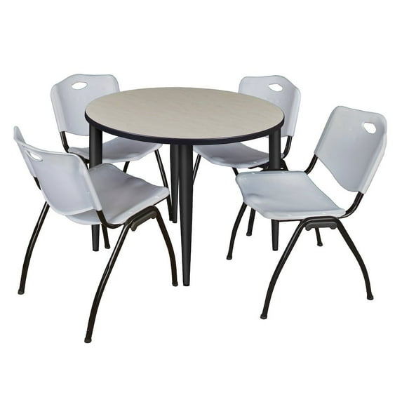 Kahlo 36 in. Round Breakroom Table- Maple Top- Black Base & 4 Stack Chairs- Grey