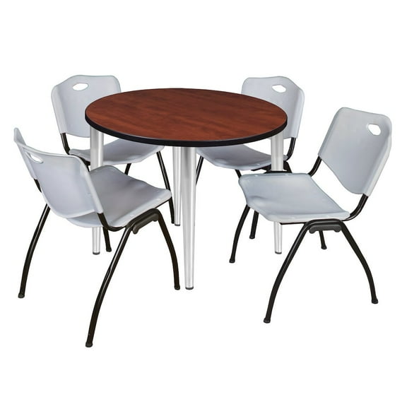 Kahlo 42" Round Breakroom Table- Cherry Top- Chrome Base & 4 Stack Chairs- Grey