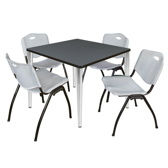Kahlo 42" Square Breakroom Table- Grey Top- Chrome Base & 4 Stack Chairs- Grey