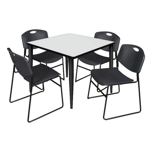 Kahlo 42" Square Breakroom Table- White- Black Base & 4 Zeng Stack Chairs- Black