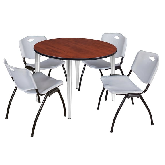 Kahlo 48" Round Breakroom Table- Cherry Top- Chrome Base & 4 Stack Chairs- Grey
