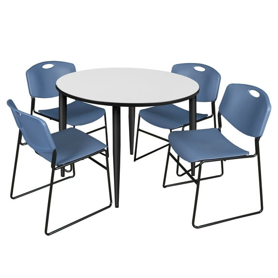 Kahlo 48" Round Breakroom Table- White- Black Base & 4 Zeng Stack Chairs- Blue