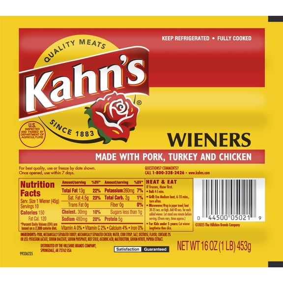 Kahn's Fully Cooked Meat Wieners Hot Dogs, 16 oz, 10 Count