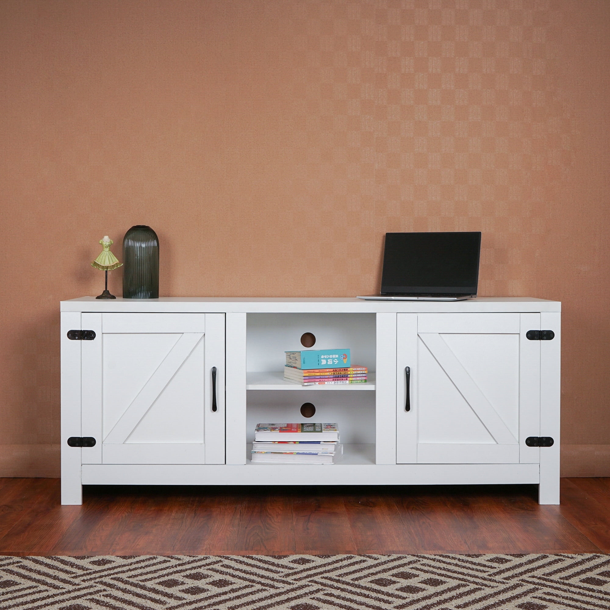 Kahomvis 57.8 in. Wood White TV Stand with 2 Doors and 6 Shelves Fits TV's up to 65 in.