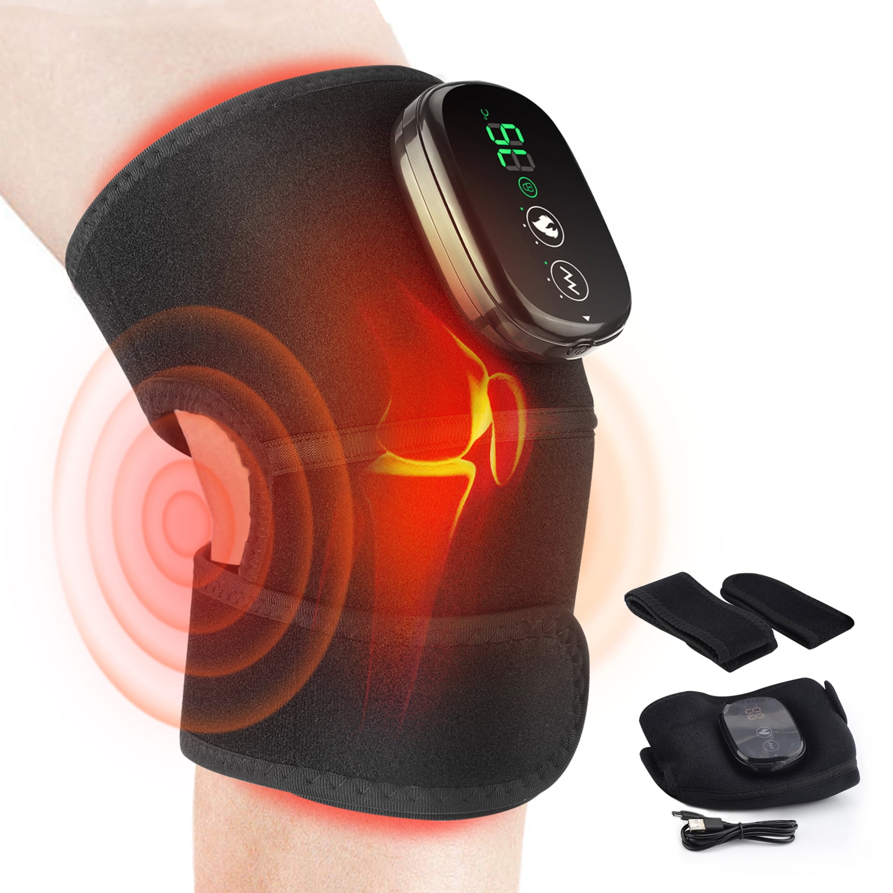 knee massager with heat and vibration Heated Knee Massager | Wireless 3-in-1 Knee, Shoulder & Elbow Heating Pad  with Vibration | Portable Pain Relief | 3800mAh Rechargeable main image 1