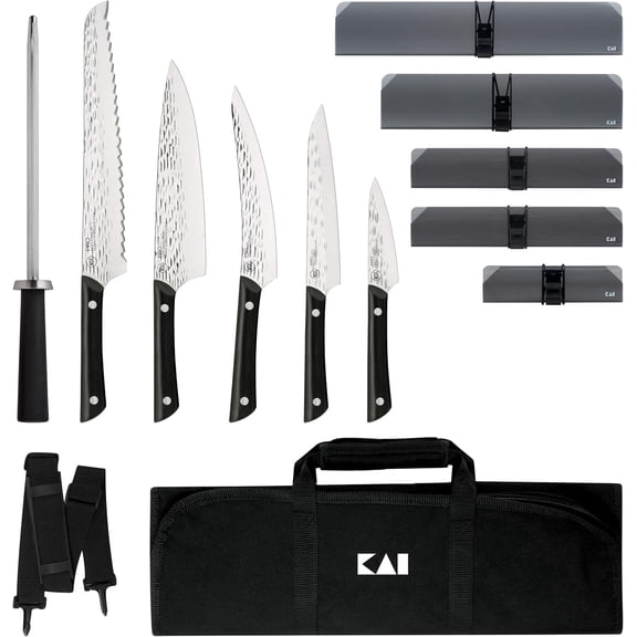 Kai PRO 7 Piece Culinary Knife Set, Includes 8-Inch Chef, 3.5-Inch Paring, 6-Inch Utility, 6.5-Inch Boning and Fillet, 9-Inch Bread Knives, Combination Honing Steel, Blade Guards and Knife Roll
